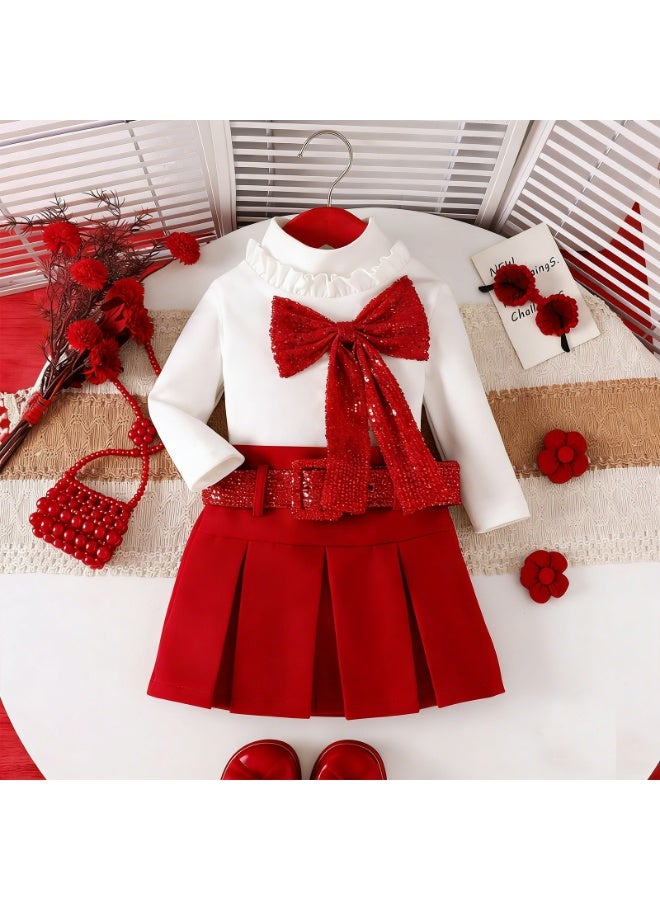 Smarties AE Girls Two Piece Set, Long Sleeve Bow Turtleneck Top with Pleated Skirt, White and Red, Children's Boutique Clothing - Image 2